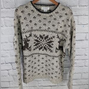 Vtg J Crew Hand Knit Wool Sweater Reindeer & Snowflake S